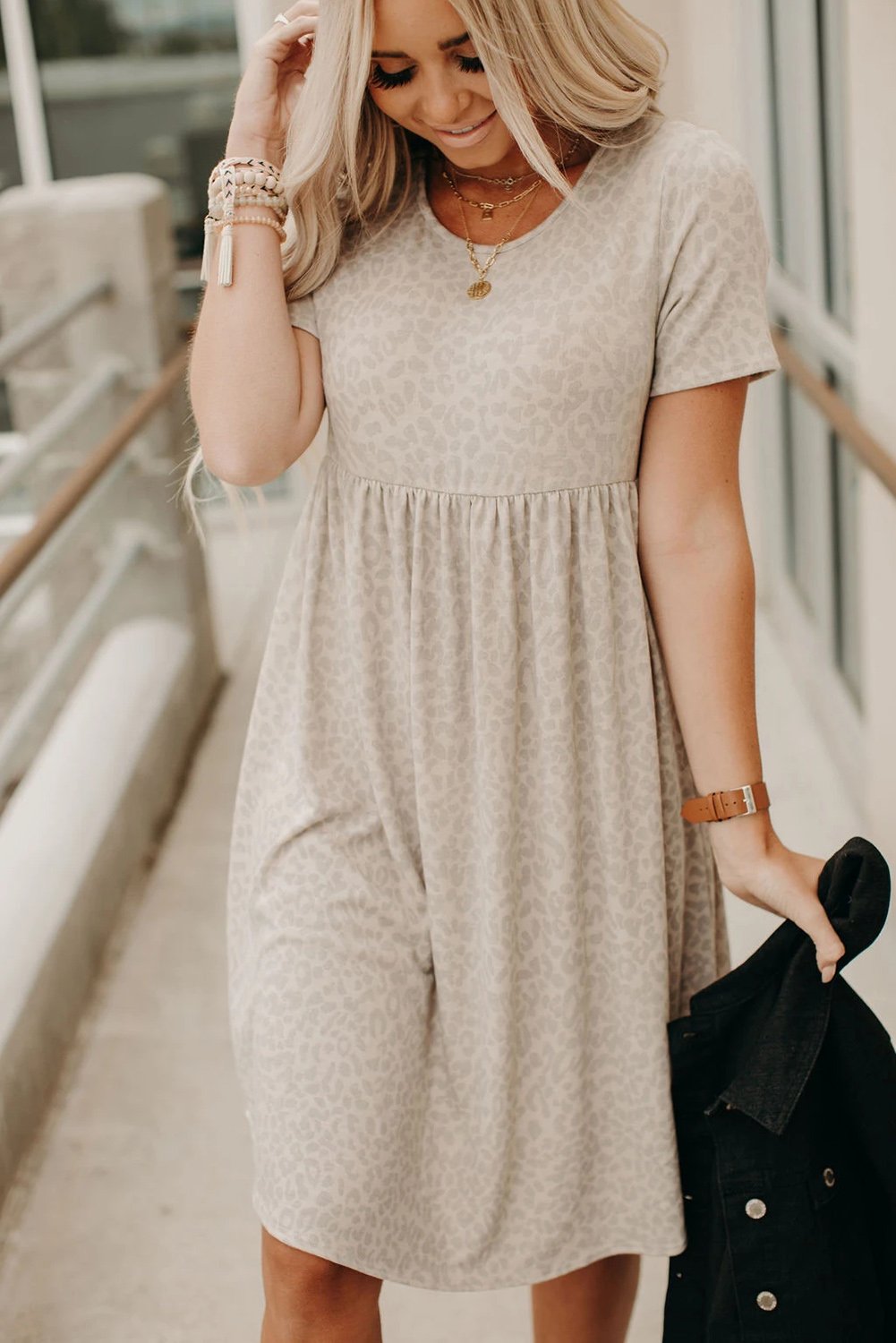 Khaki Leopard Print Short Sleeve Pleated Mini Dress