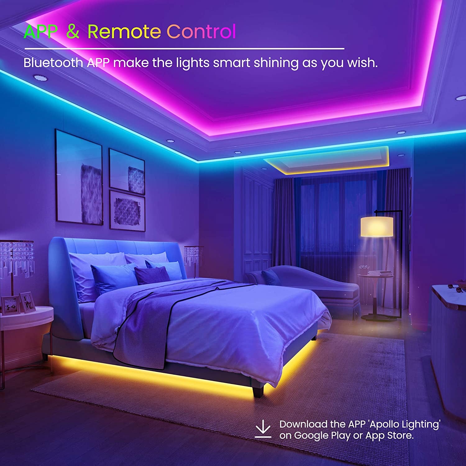 50 FT LED Strip Lights,Bluetooth LED Lights for Bedroom, Color Changing Light Strip with Music Sync, Phone Controller and IR Remote