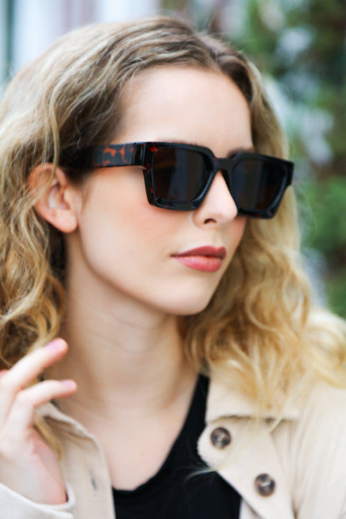 Tortoise Shell Thick Frame Rectangle Sunglasses - Craze Trends