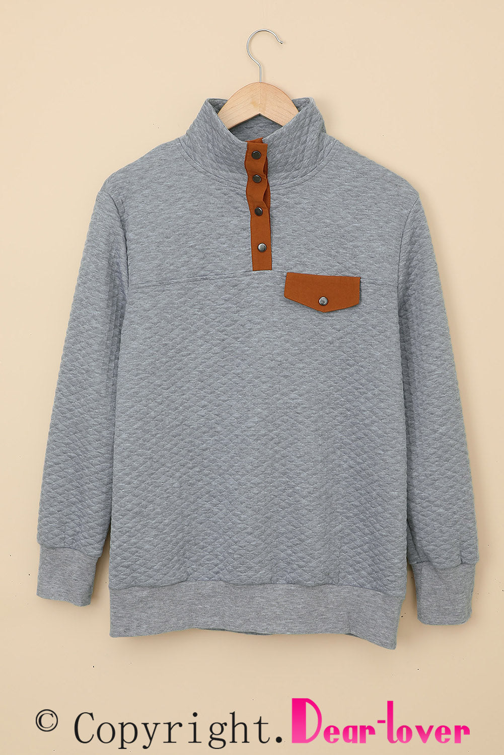 Gray Quilted Snaps Stand Neck Pullover Sweatshirt