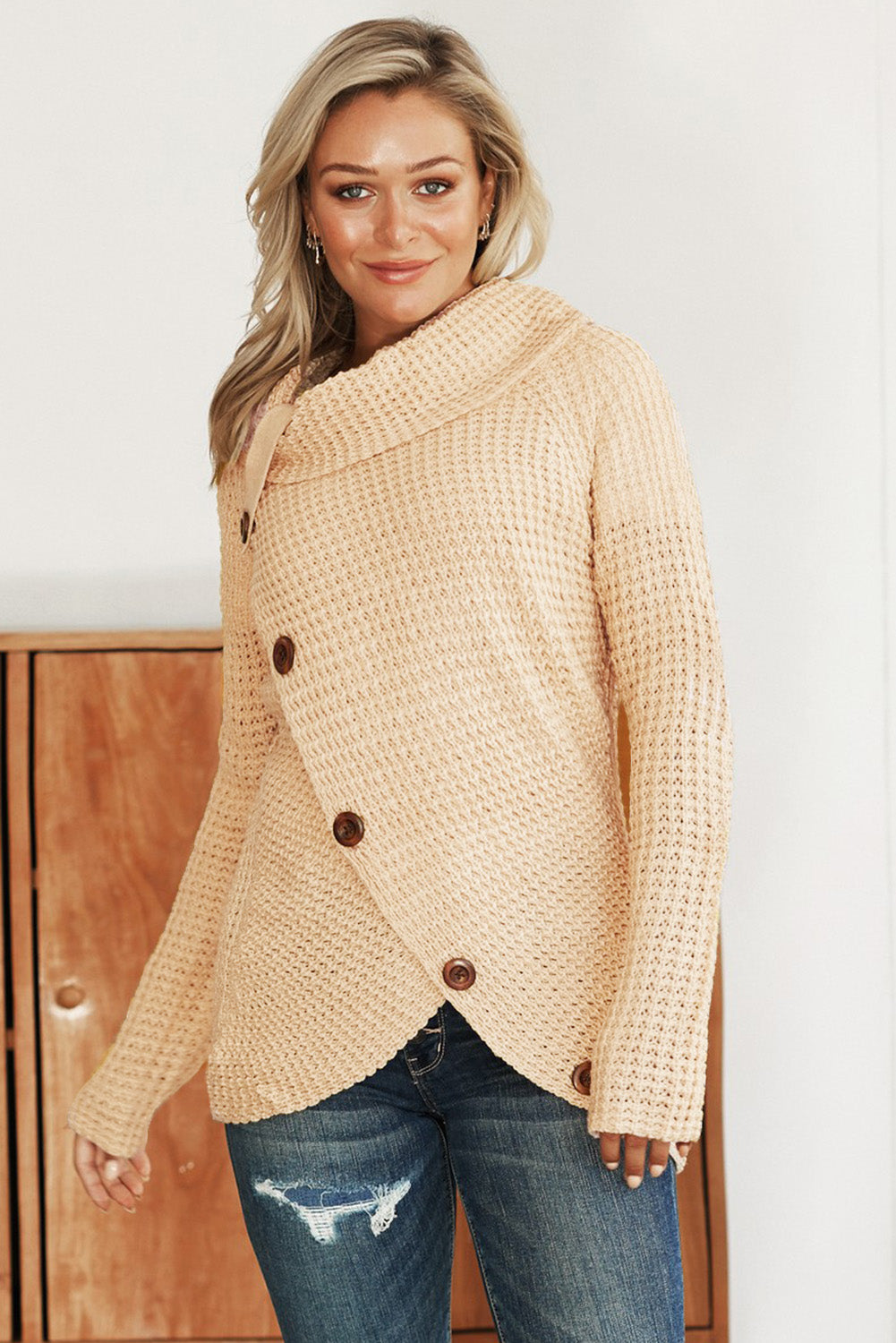 Mustard Buttoned Wrap Turtleneck Sweater