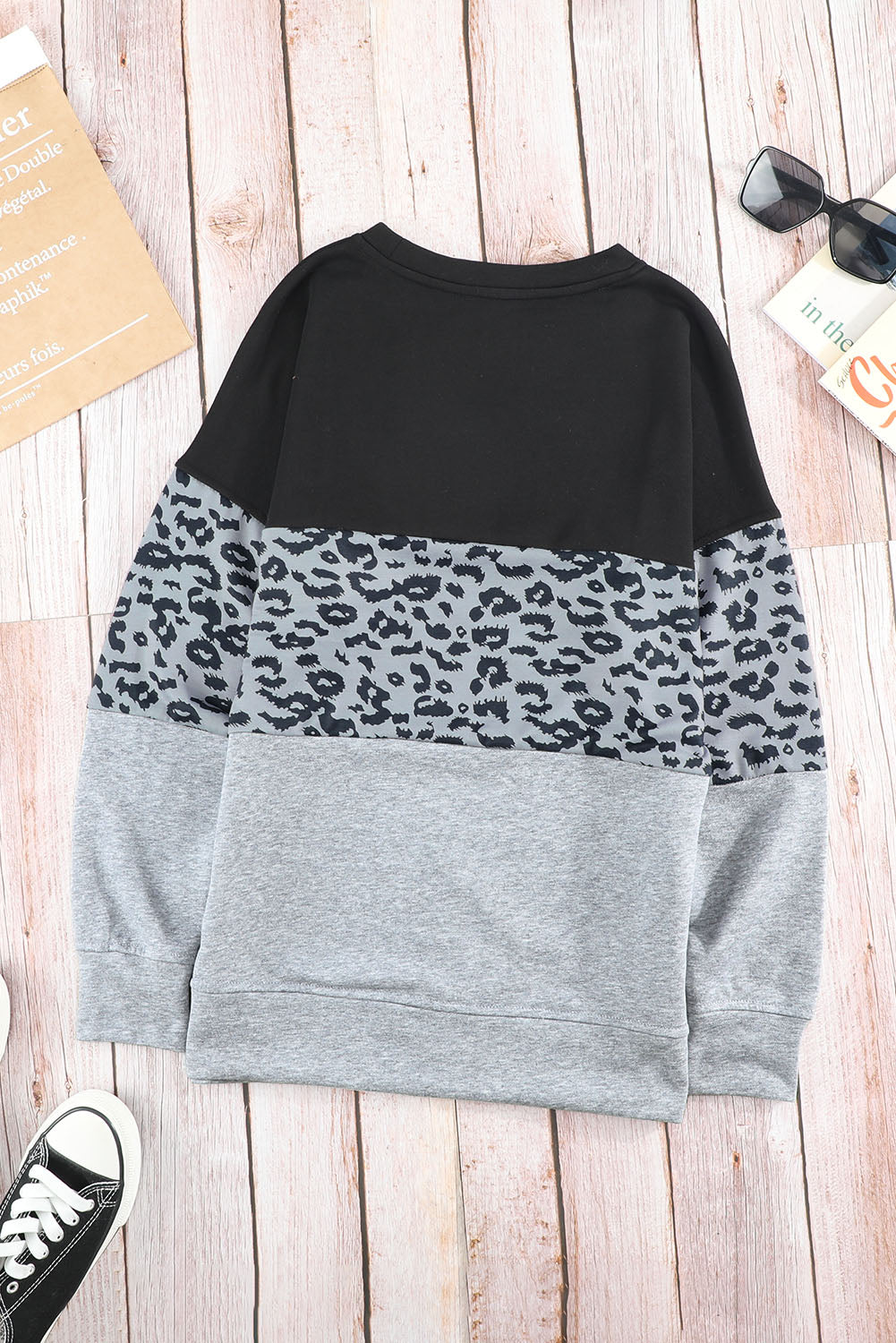 Colorblock Gray Contrast Stitching Sweatshirt with Slits