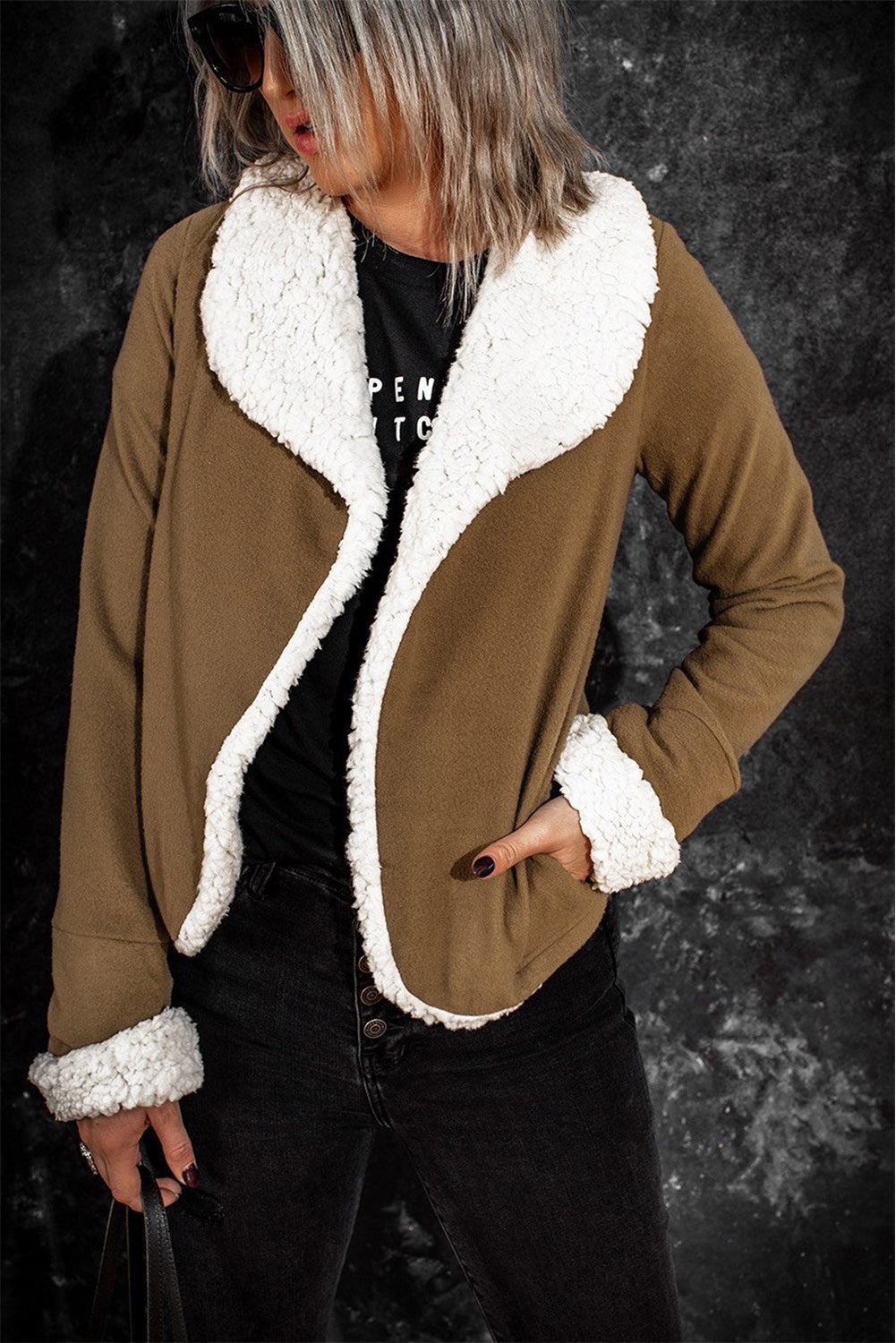 Brown Lapel Collar Fleece Open Front Coat