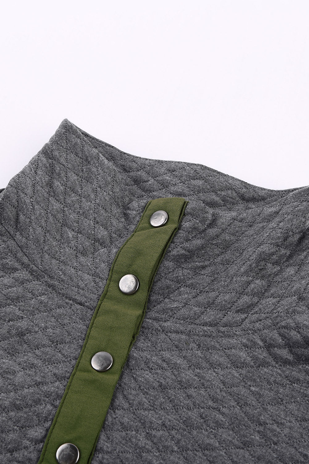 Gray Quilted Snaps Stand Neck Pullover Sweatshirt