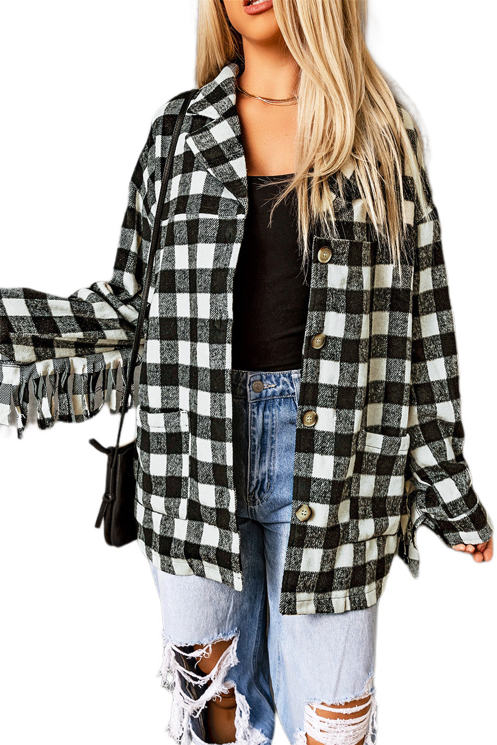 Black Fringed Plaid Print Shacket