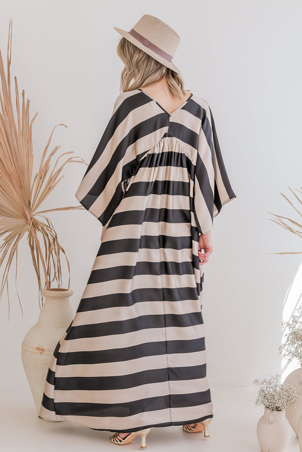 Black V Neck Kimono Sleeve Striped Maxi Dress