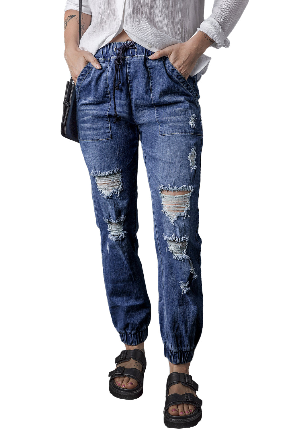 Blue Pocketed Distressed Denim Joggers