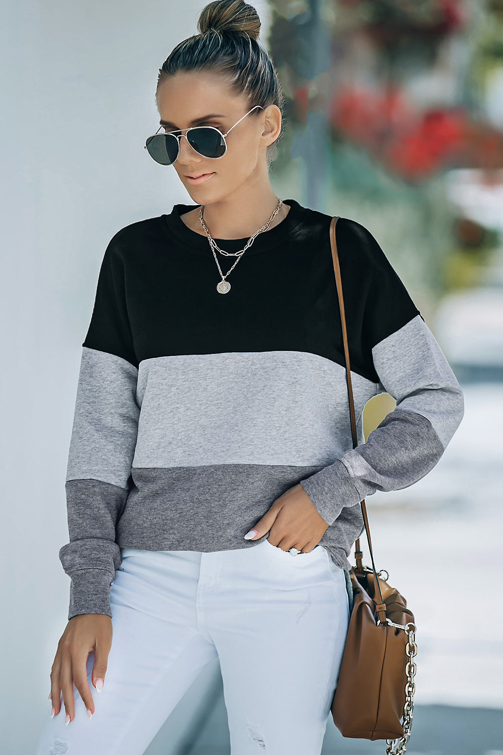 Colorblock Gray Contrast Stitching Sweatshirt with Slits