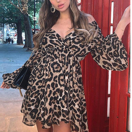 Leopard print off shoulder v neck sexy dress Long lantern