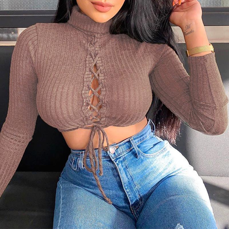 Lace up turtleneck female crop top Women fashion streetwear