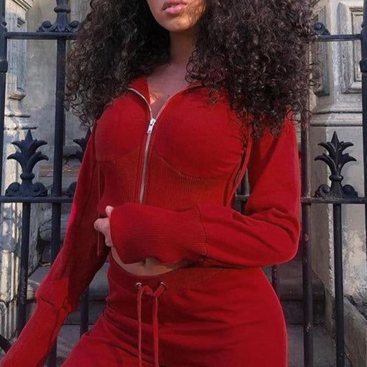 Long sleeve two piece suit jumpsuit Women red autumn winter