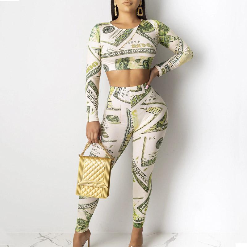 Dollar printing o neck jumpsuit Women slim long sleeve high