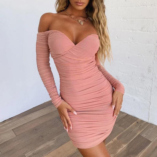 Pink off shoulder v neck bodycon mini dress Long sleeve