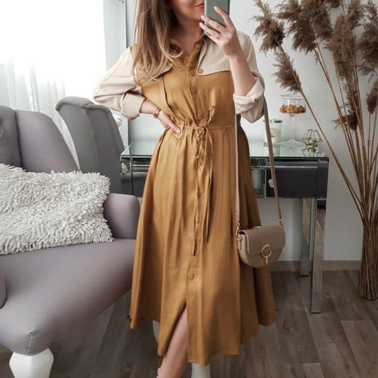 Elegant Khaki mid waist long sleeve dress autumn winter long female