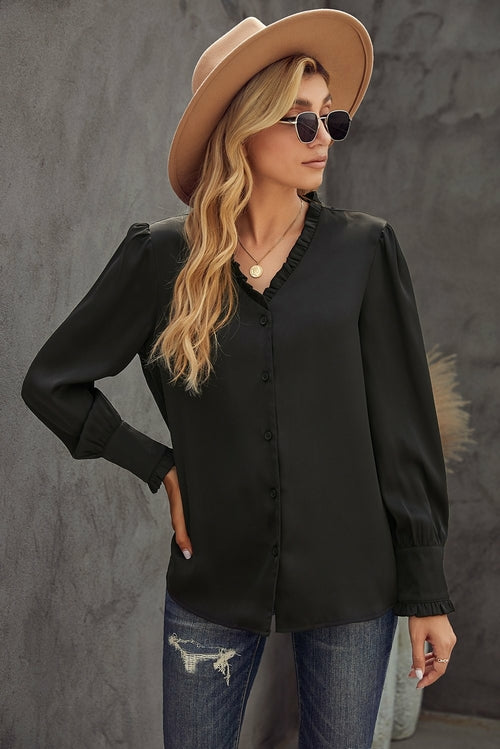 Frilled V Neckline Buttoned French Shirt