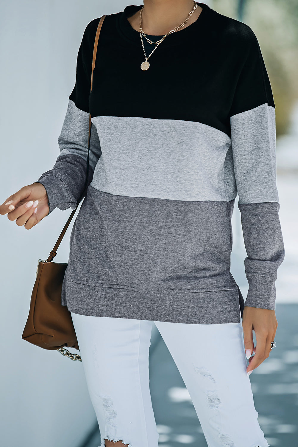 Colorblock Gray Contrast Stitching Sweatshirt with Slits