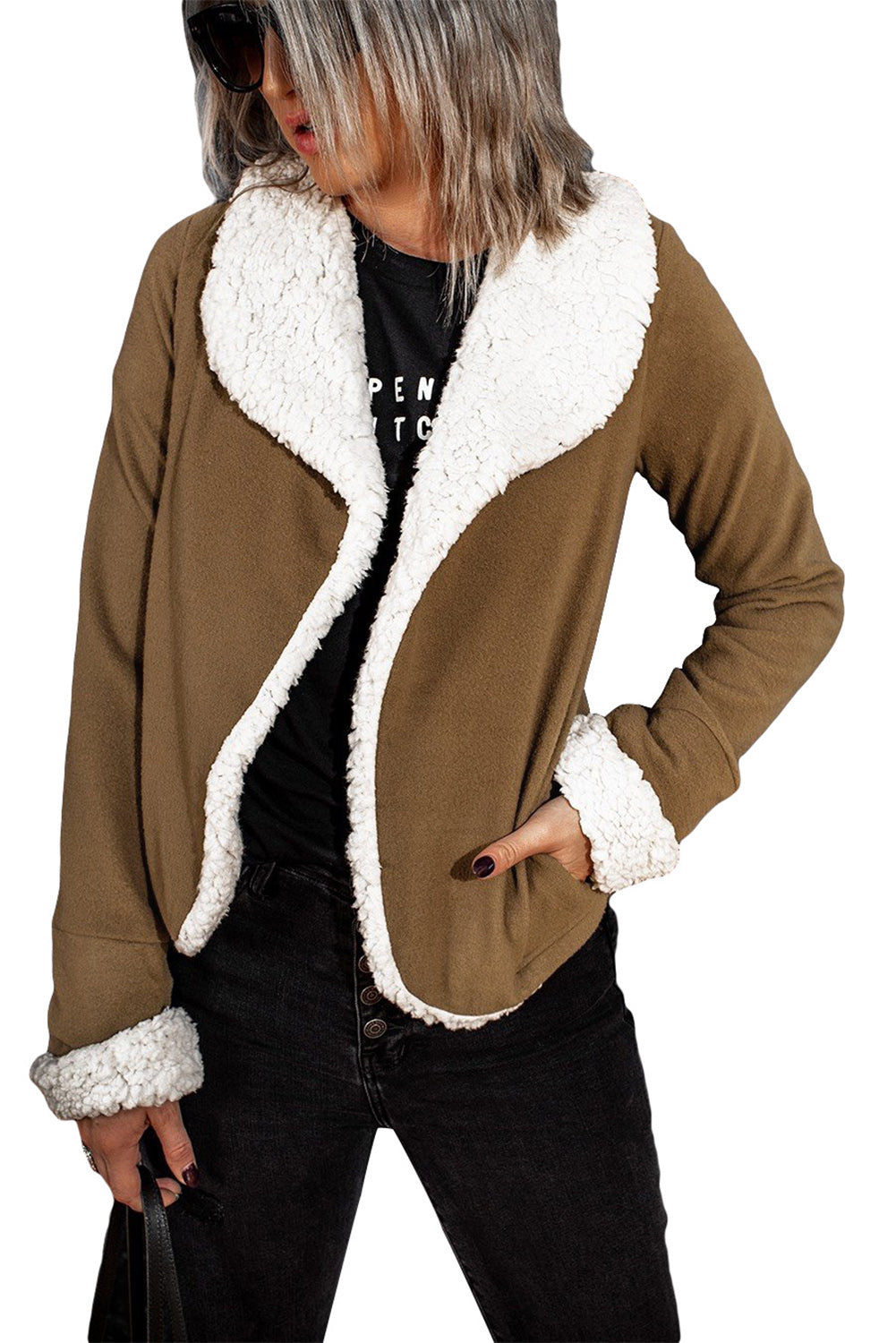 Brown Lapel Collar Fleece Open Front Coat