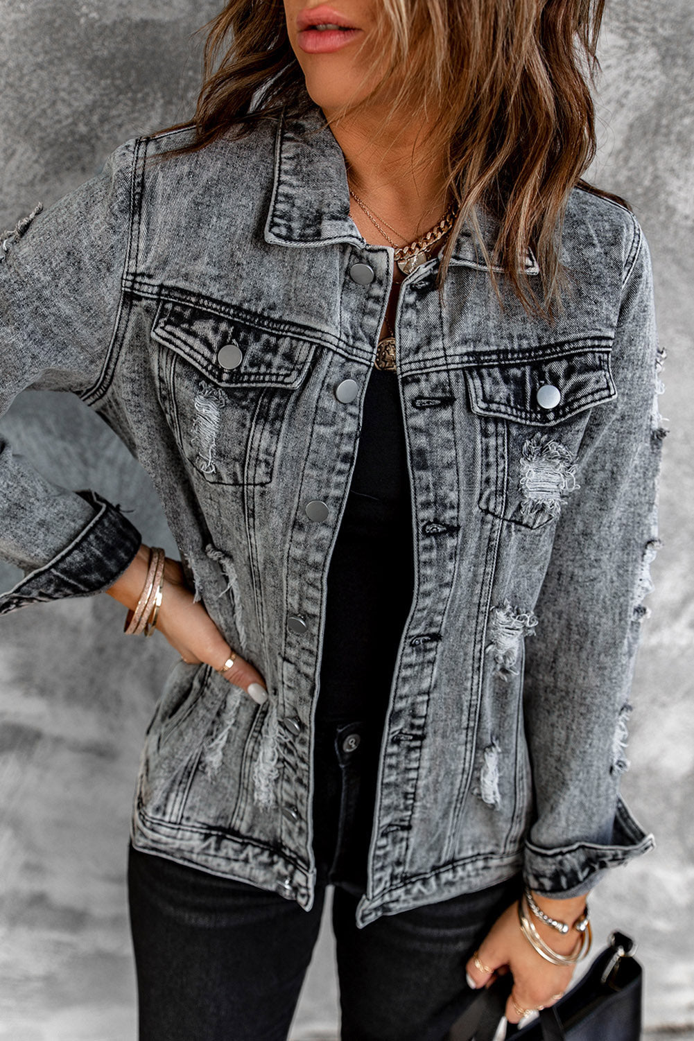 Gray Distressed Buttons Washed Denim Jacket