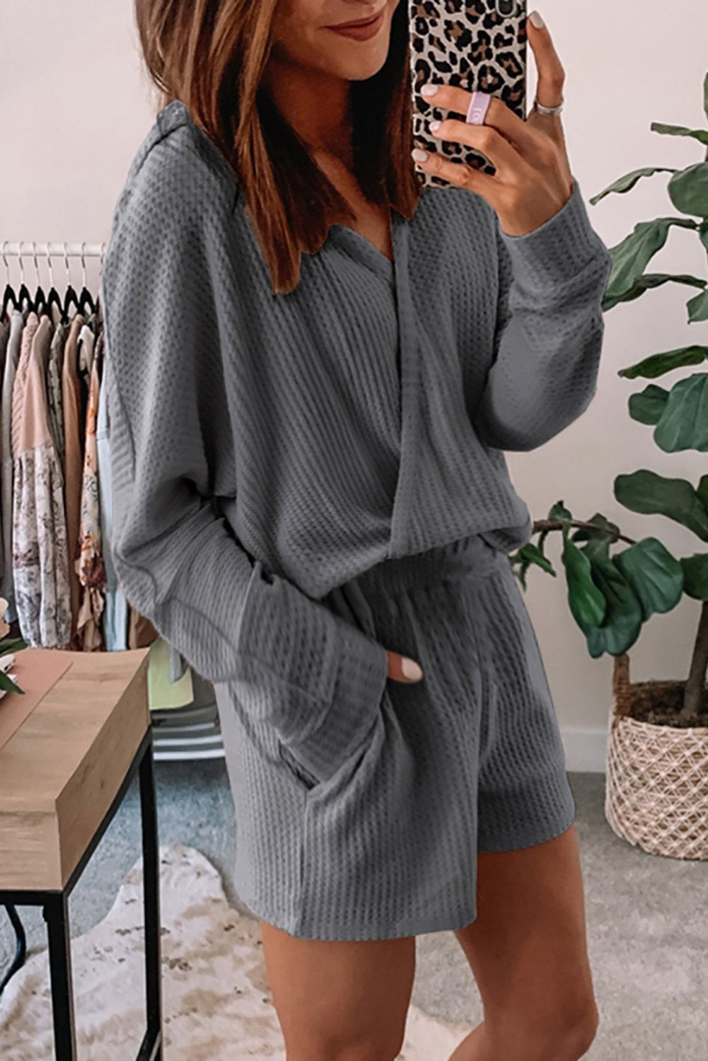 Waffle Texture V Neck Long Sleeve Hoodie & Shorts Two-Piece Loungewear