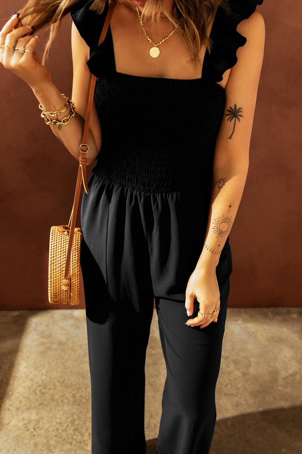 Black Flutter Sleeve Smocked Wide Leg Jumpsuit