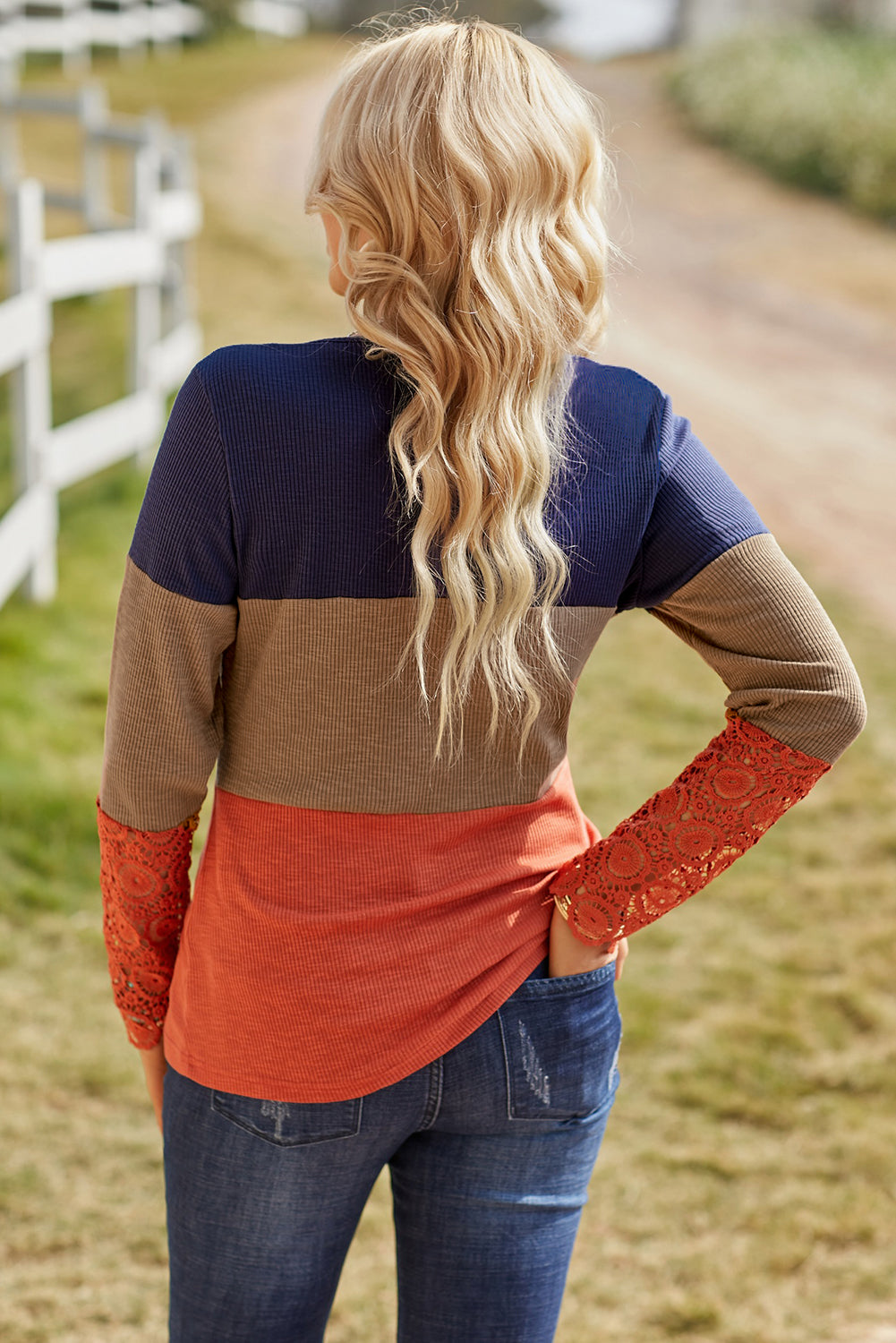 Blue Ribbed Lace Splicing Color Block Long Sleeve Top