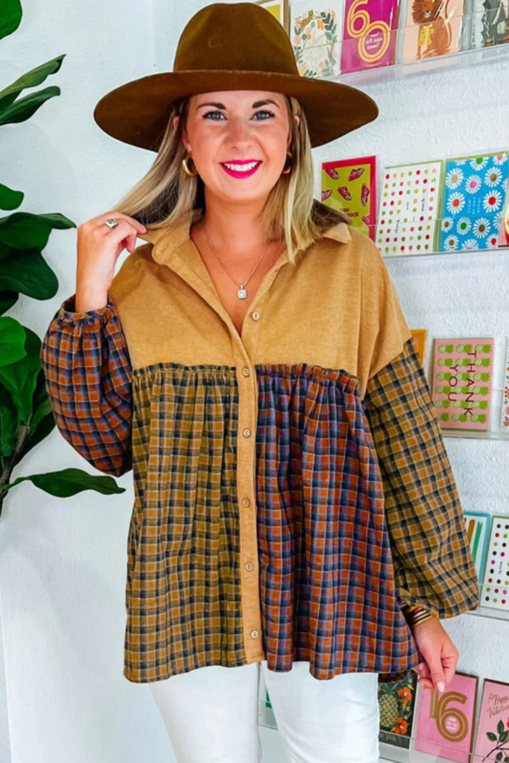 Mustard Contrast Plaid Print Puff Sleeve Shirt