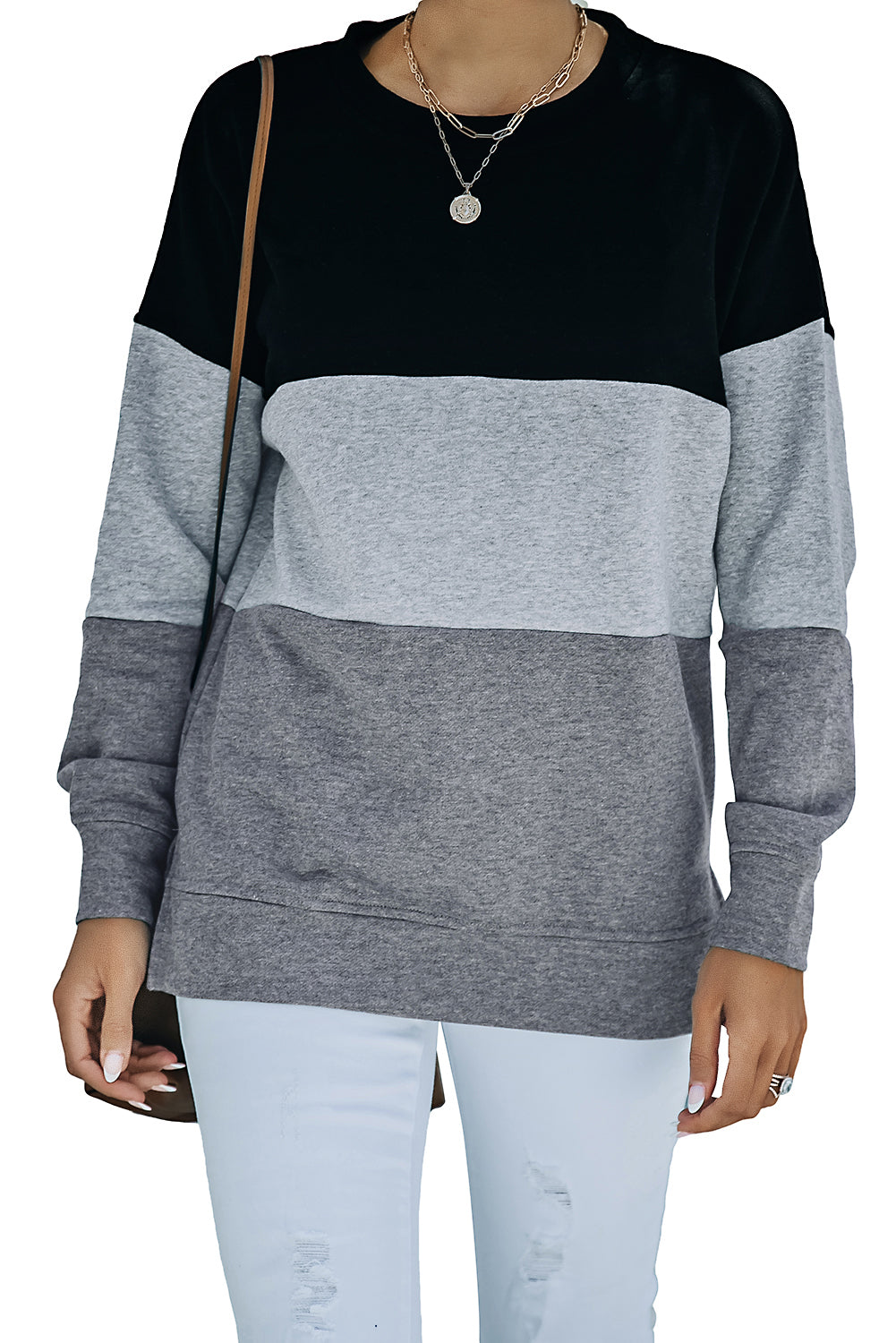 Colorblock Gray Contrast Stitching Sweatshirt with Slits