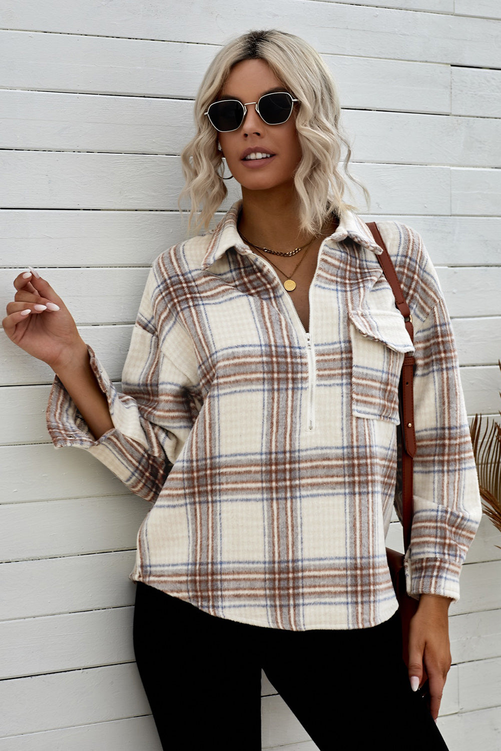 Chest Pocket Plaid Half Zip Sweatshirt