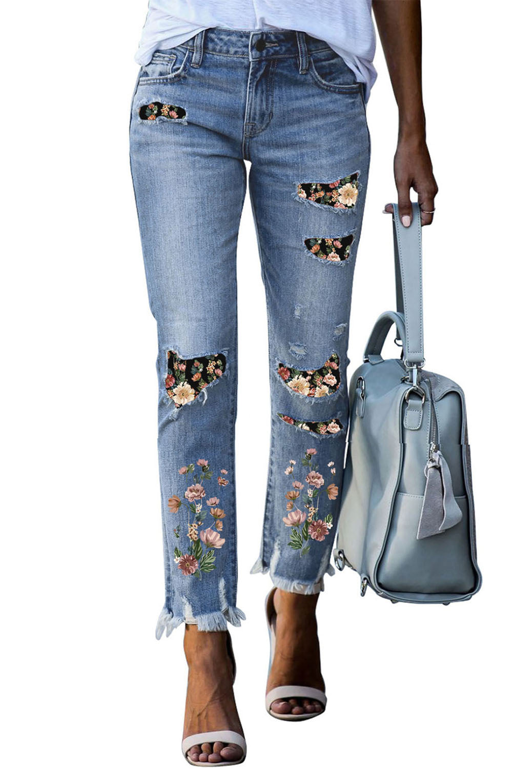 Sky Blue Printed Patch Ripped Skinny Jeans - Craze Trends