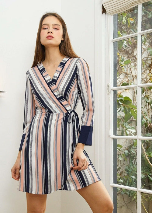 Women's Printed Wrap Dress With Cuff Binding in Multi Stripe