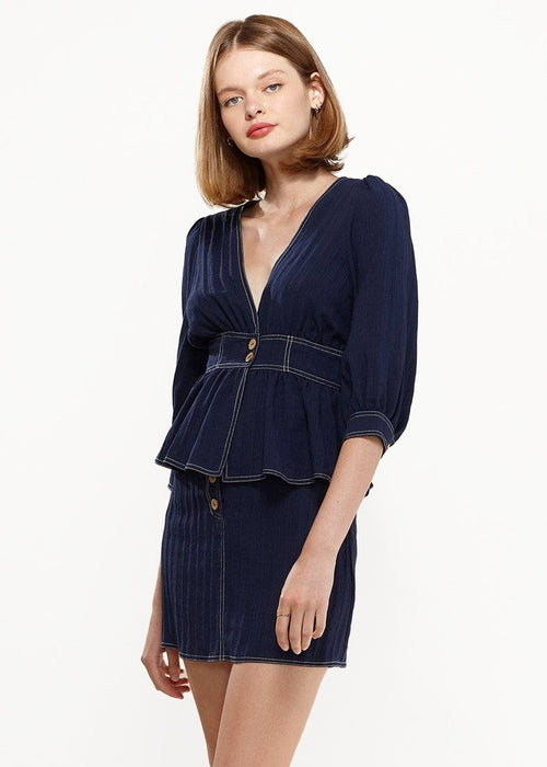 Puff Shoulder Button Front Peplum Top in Navy