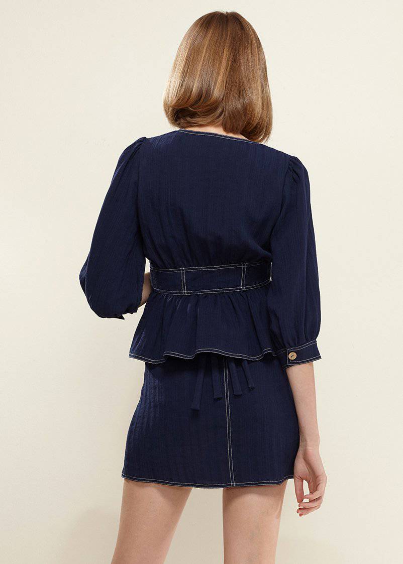 Puff Shoulder Button Front Peplum Top in Navy