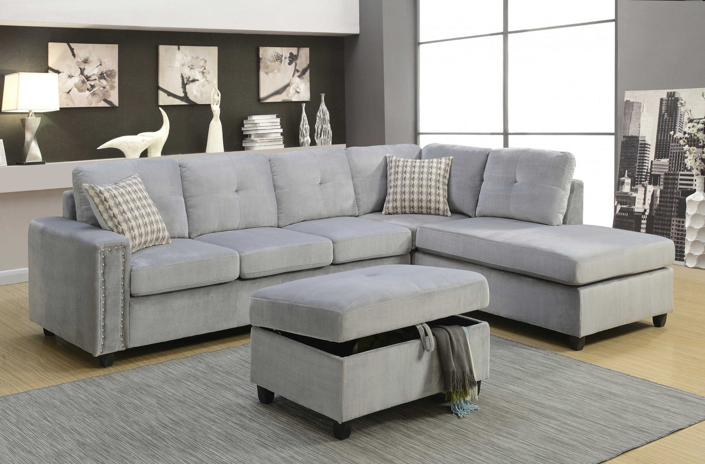 78inches X 33inches X 36inches Gray Velvet Reversible Sectional Sofa