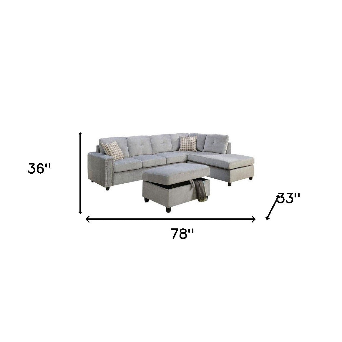 78inches X 33inches X 36inches Gray Velvet Reversible Sectional Sofa