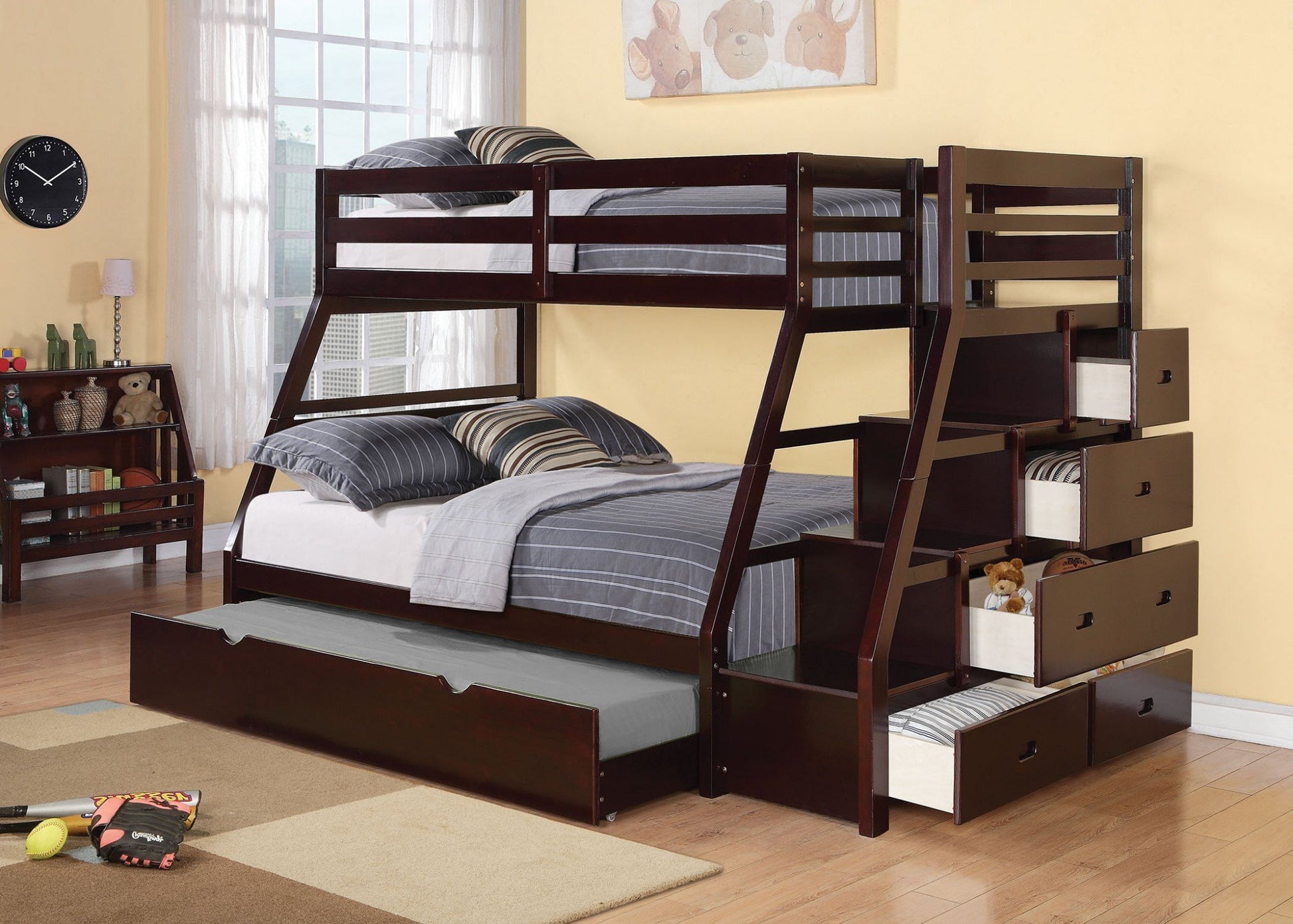 98inches X 56inches X 65inches Espresso Pine Wood Bunk Bed (Twin/Full) - Craze Trends