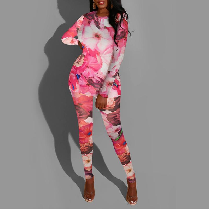 Pink two piece set flower print jumpsuit Women long sleeve