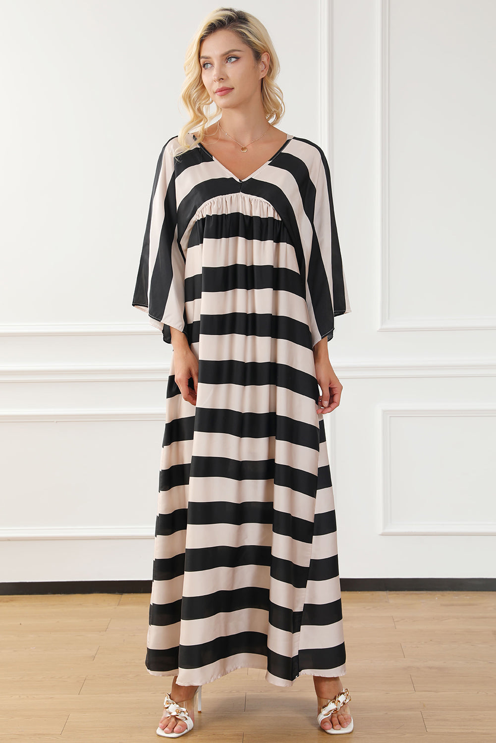 Black V Neck Kimono Sleeve Striped Maxi Dress