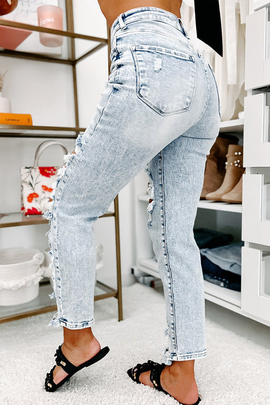 Sky Blue Vintage Washed Heavy Destroyed Skinny Jeans - Craze Trends