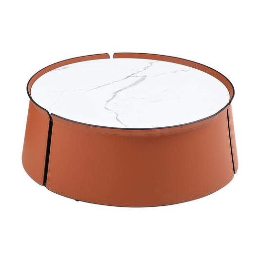 31.5inch Coffee Table, Marble Top+Orange Saddle Leather Body+Iron - Craze Trends