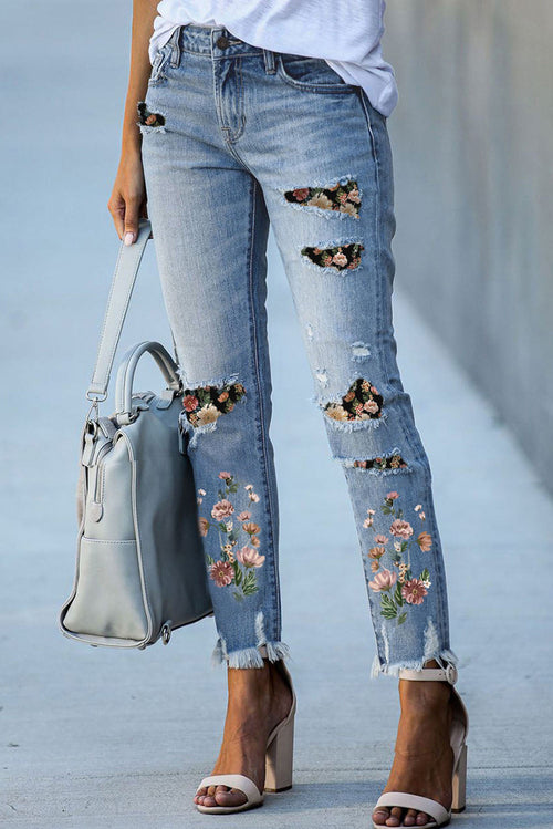 Sky Blue Printed Patch Ripped Skinny Jeans - Craze Trends