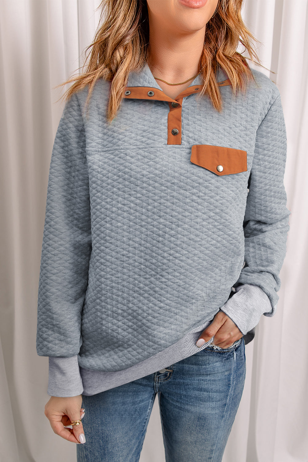 Gray Quilted Snaps Stand Neck Pullover Sweatshirt