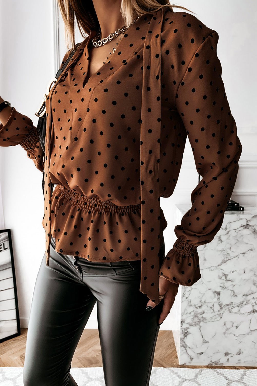 Khaki V Neck Tie Polka Dot Ruffled Blouse