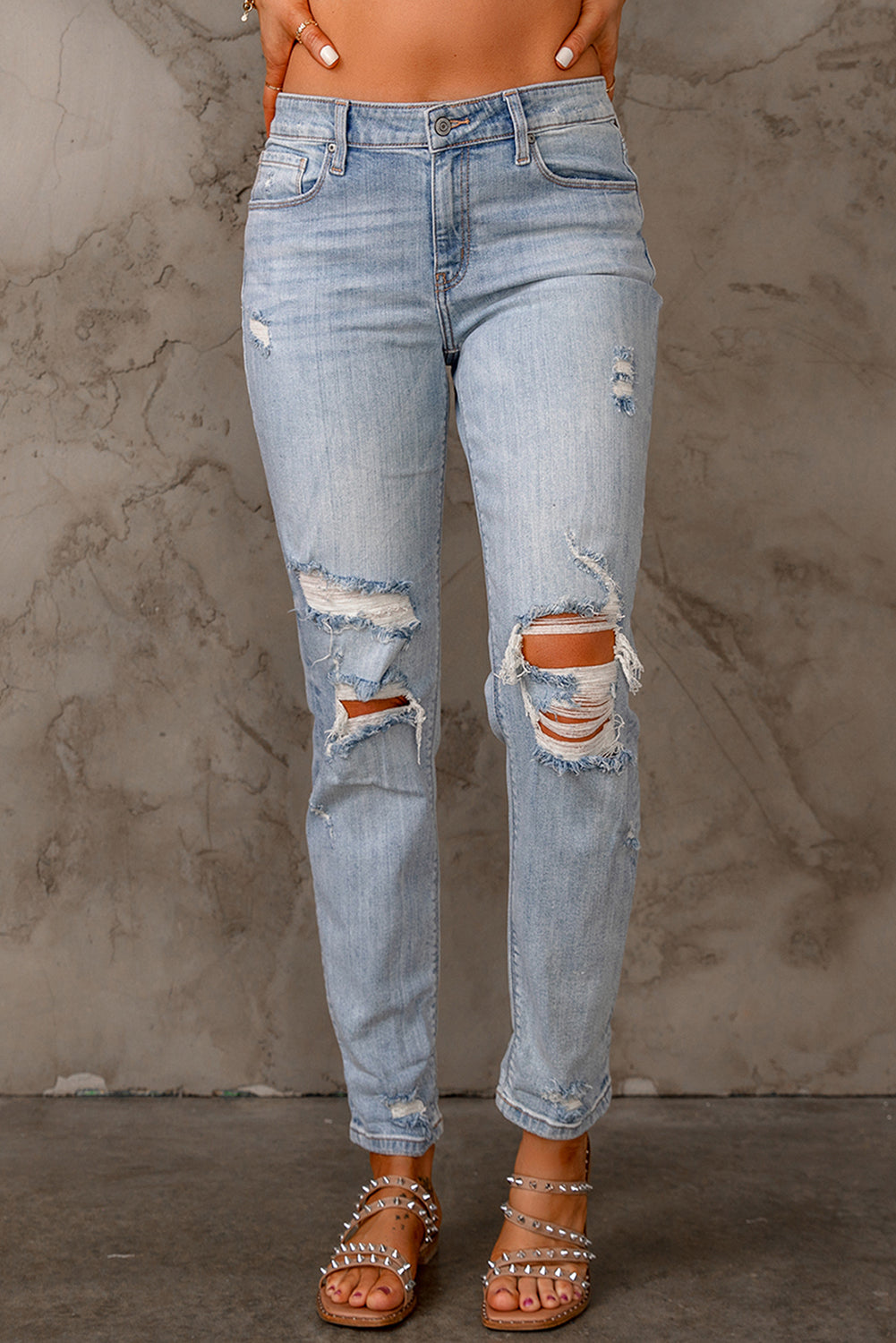 Sky Blue Ripped Mid Waist Jeans - Craze Trends