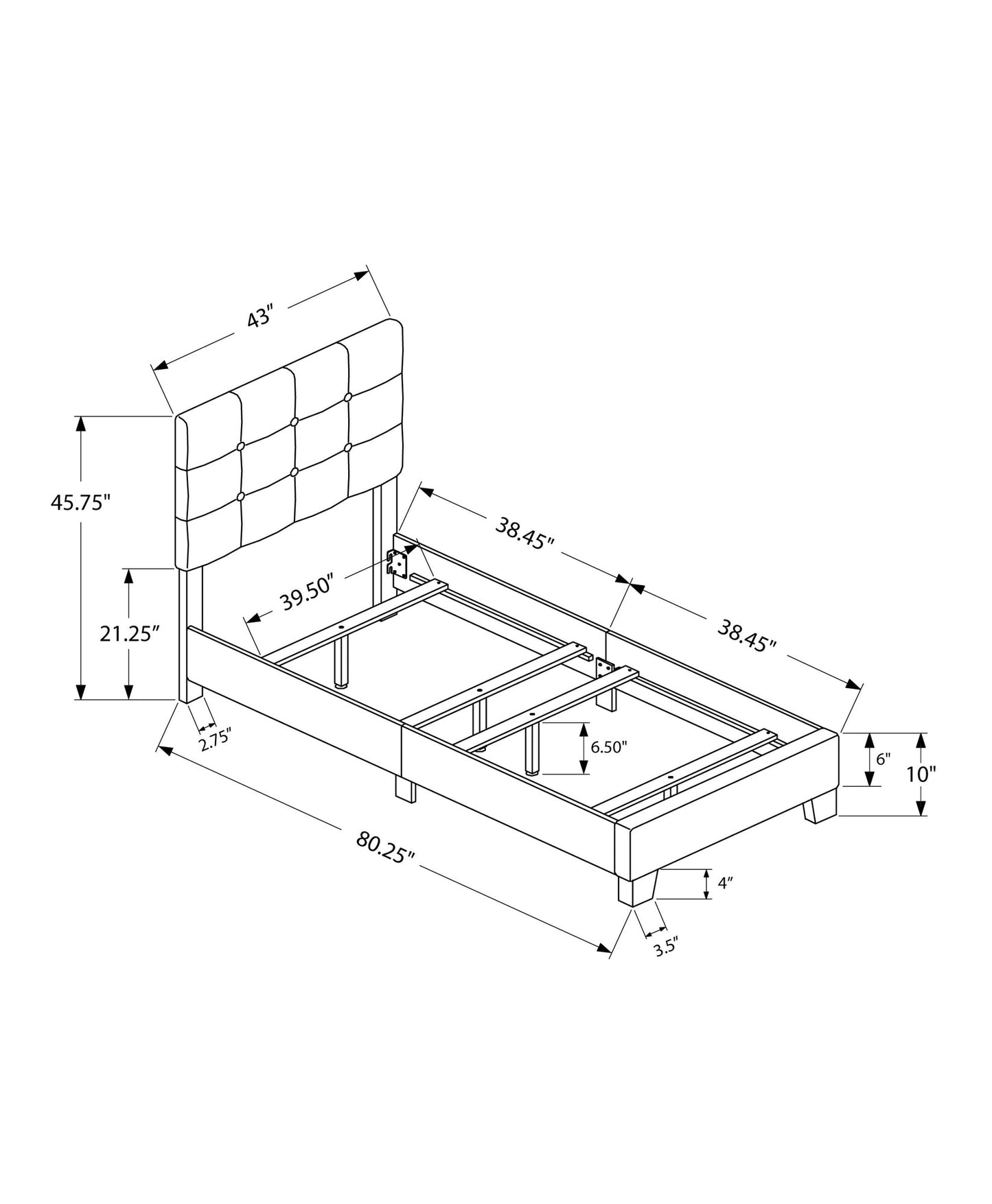 45.75inches Solid Wood MDF Foam and Linen Twin Size Bed