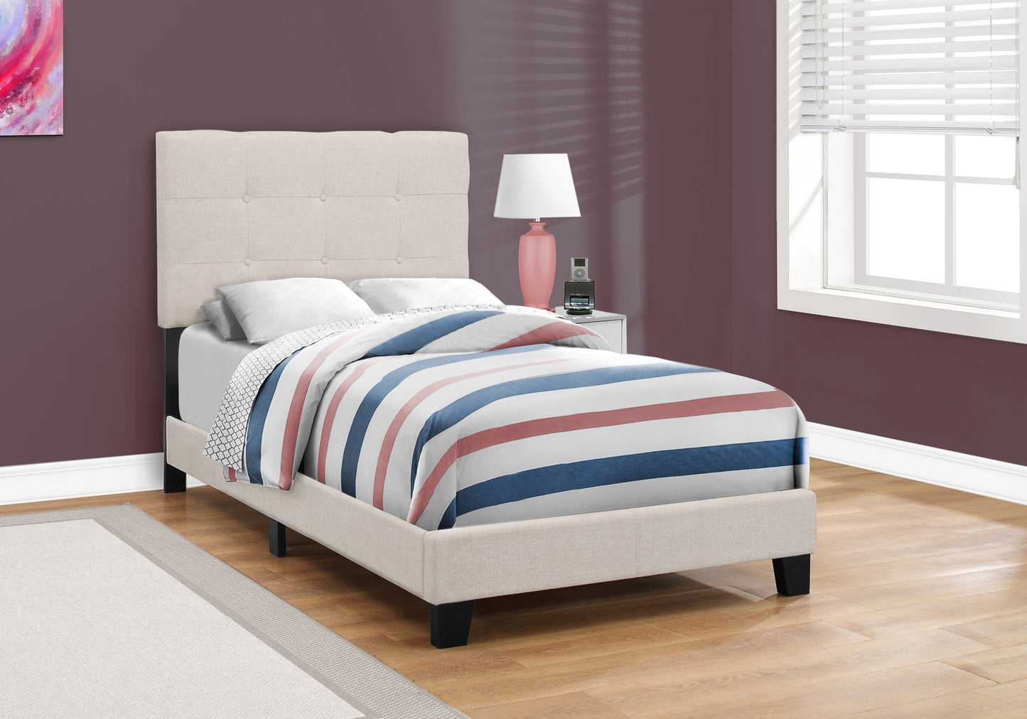 45.75inches Solid Wood MDF Foam and Linen Twin Size Bed