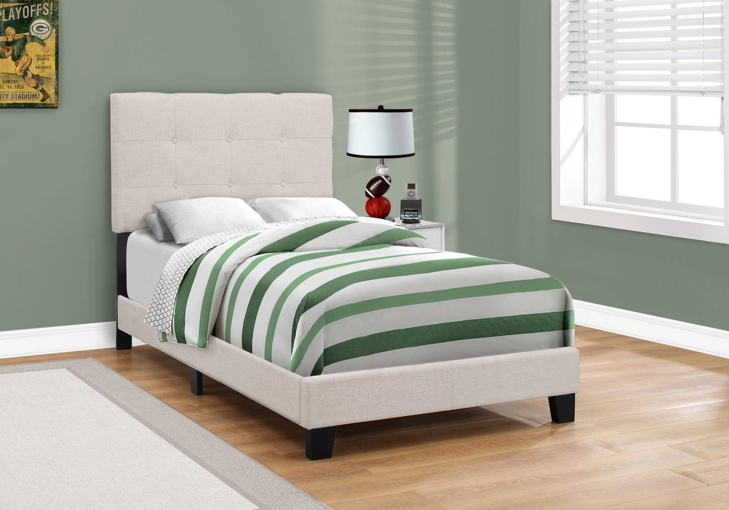 45.75inches Solid Wood MDF Foam and Linen Twin Size Bed