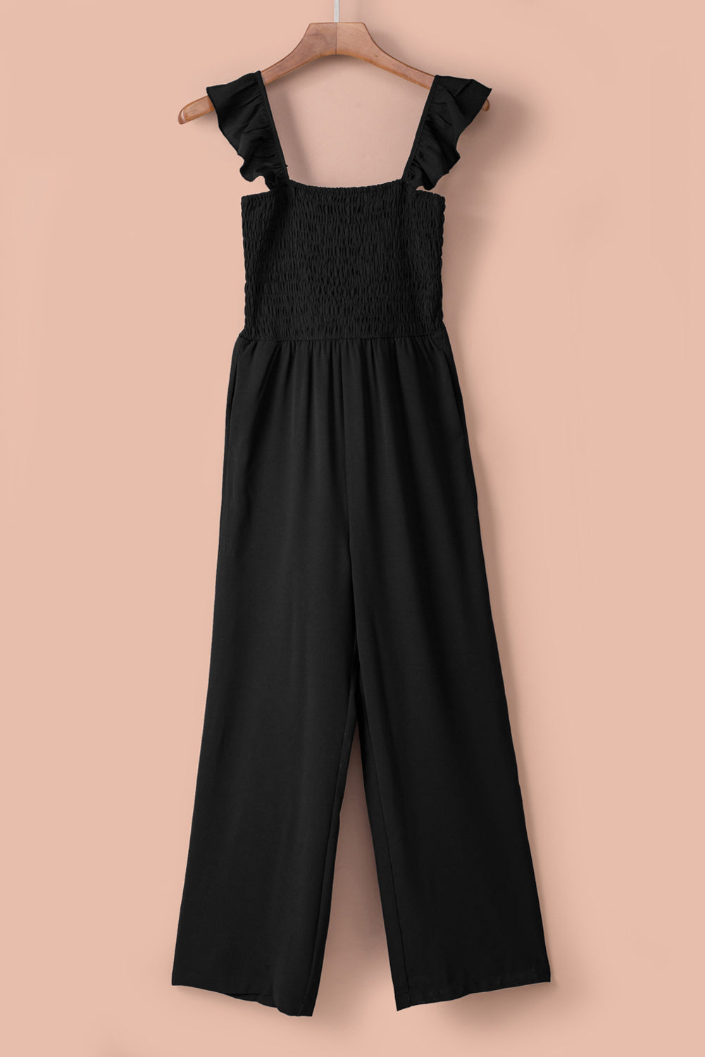 Black Flutter Sleeve Smocked Wide Leg Jumpsuit