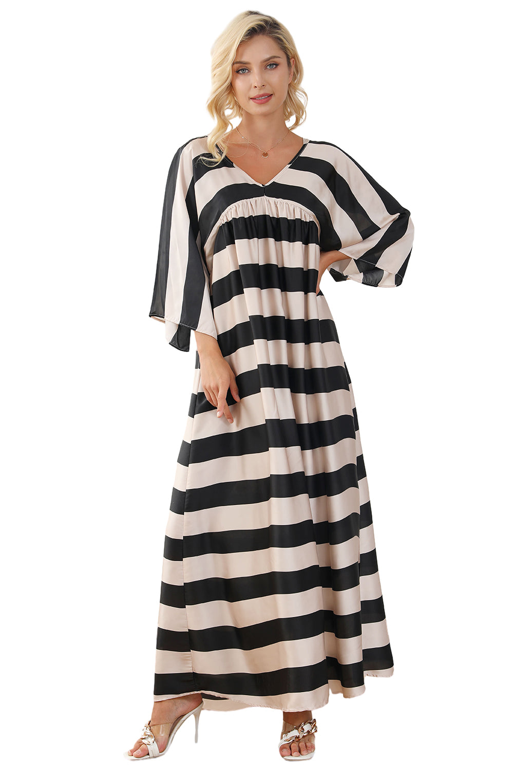 Black V Neck Kimono Sleeve Striped Maxi Dress