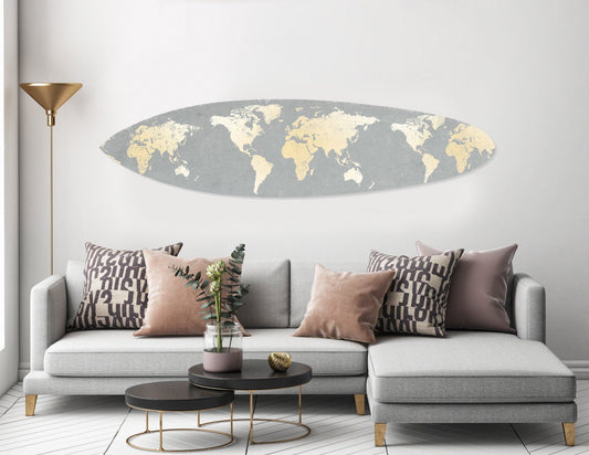 Grey and Gold World Map Surfboard Wall Art