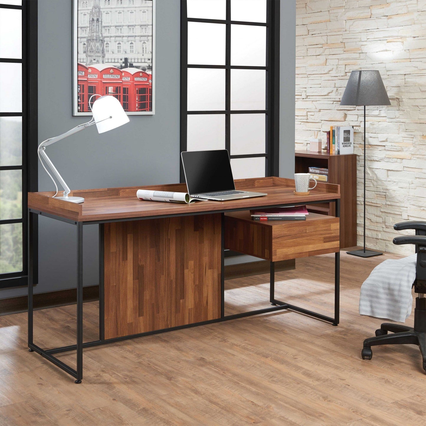 62inches X 24inches X 31inches Walnut  Sandy Black Metal Desk